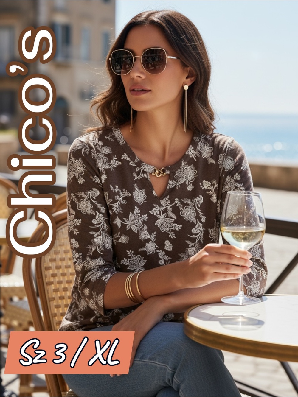 Chico's Tortoise Shell Link Collar Floral Blouse